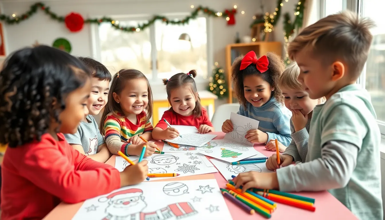 preschoolers coloring Christmas pages in a festive classroom setting.