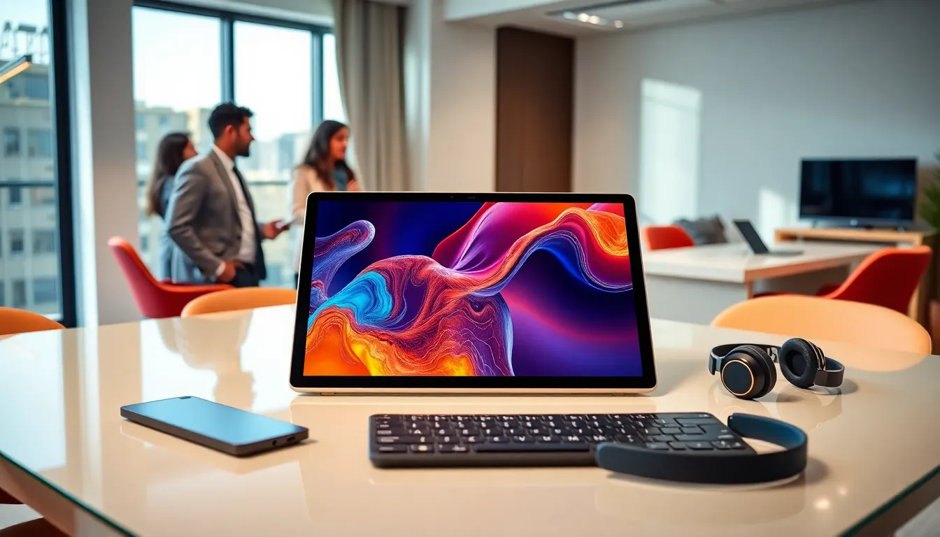 large Samsung tablet displayed in a modern office setting.