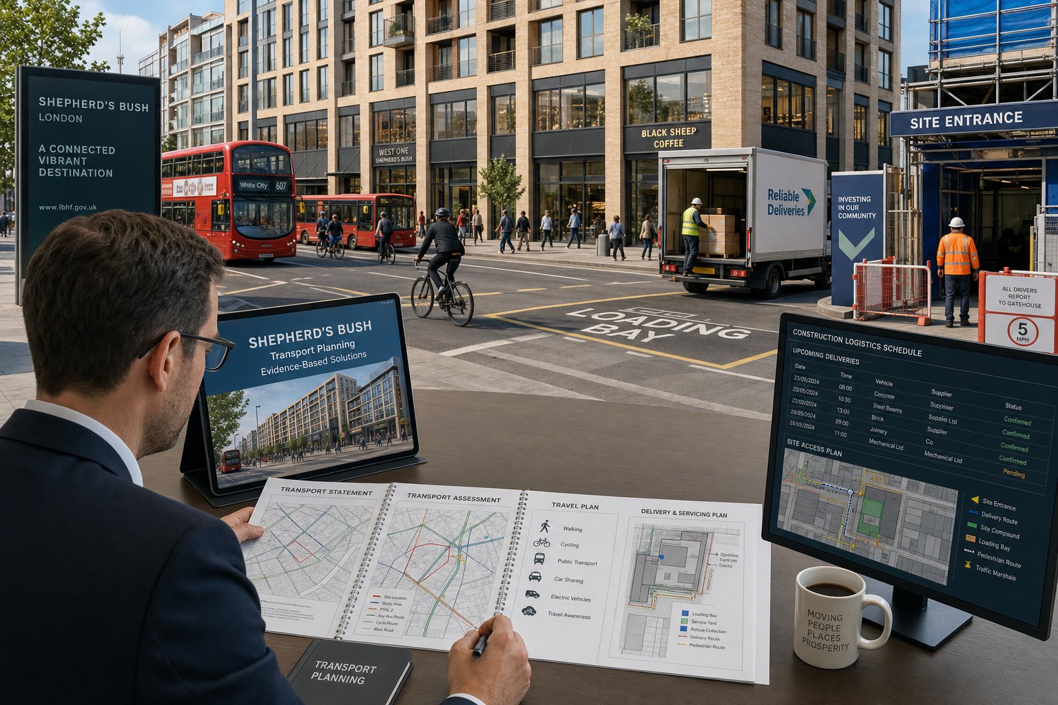 Traffic engineer reviewing transport plans beside a busy Shepherd’s Bush street scene.