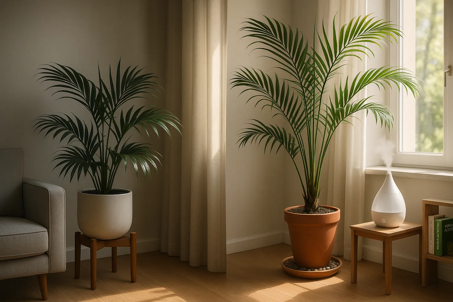 A Kentia palm in shade beside a taller Majesty palm by a bright window.