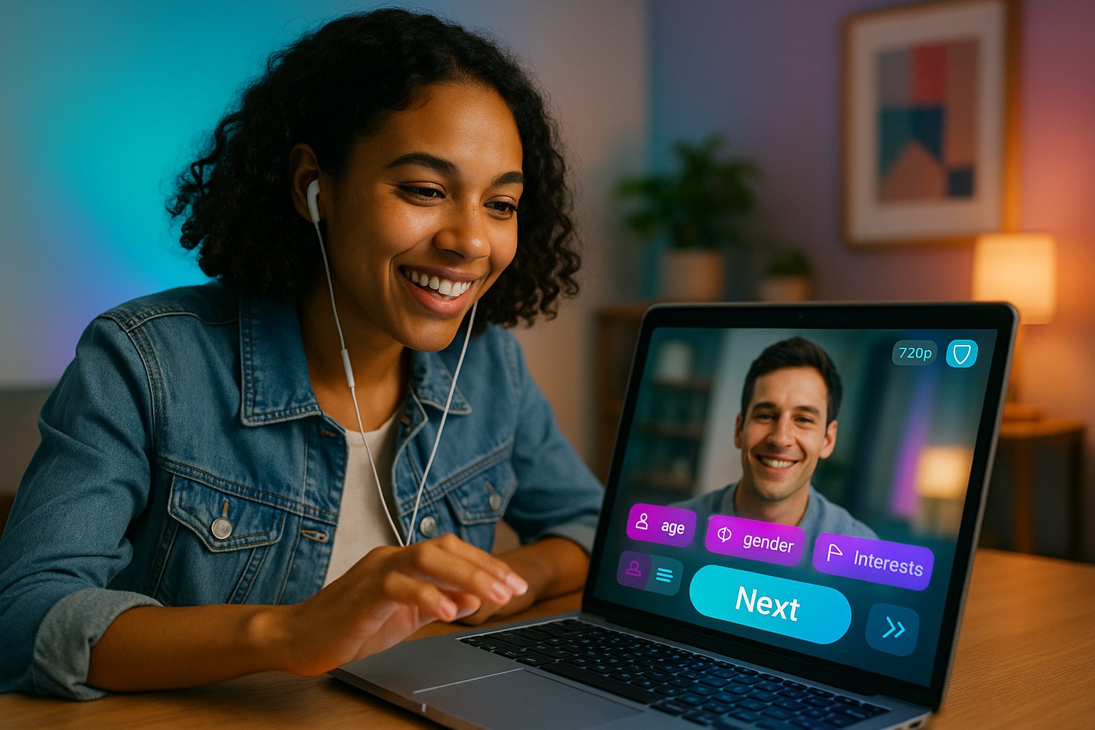 Young woman on laptop in a quick one-to-one video chat interface.