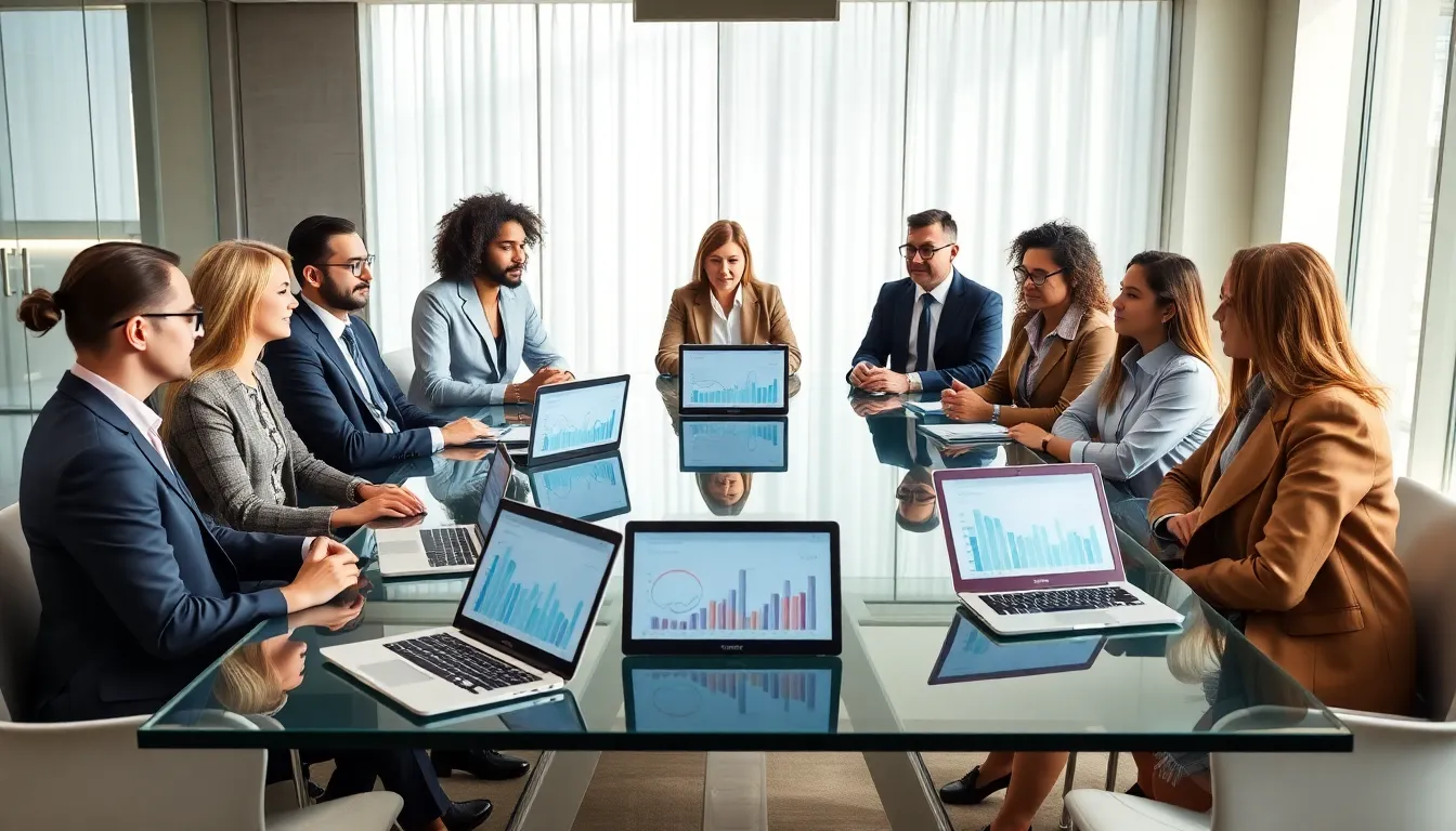 A diverse team discussing data in a modern office setting.