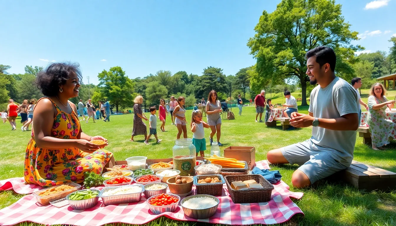 A community picnic in a park with people sharing food and crafts.