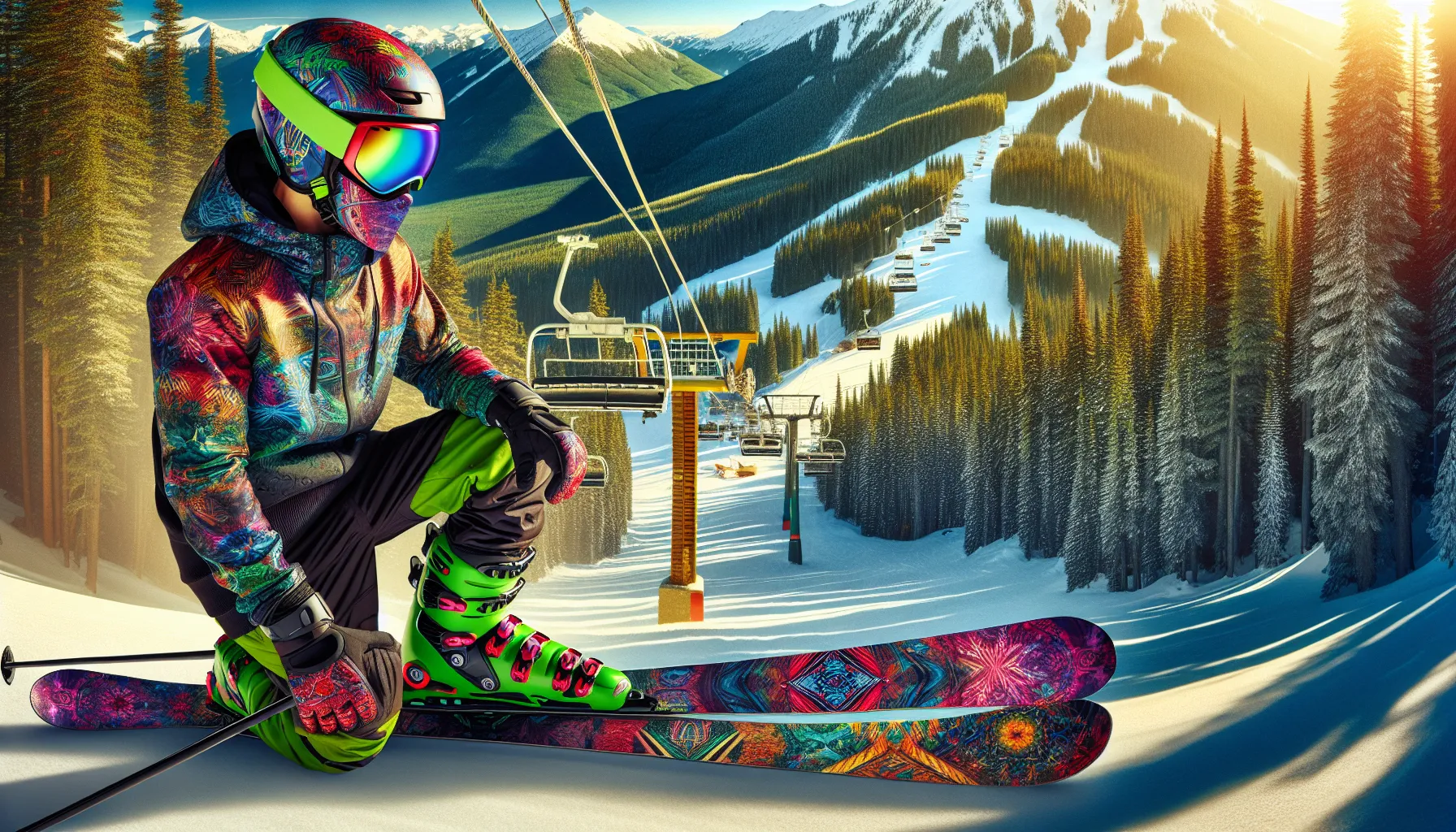 A skier at a resort trailhead with vibrant snow-capped mountain scenery.