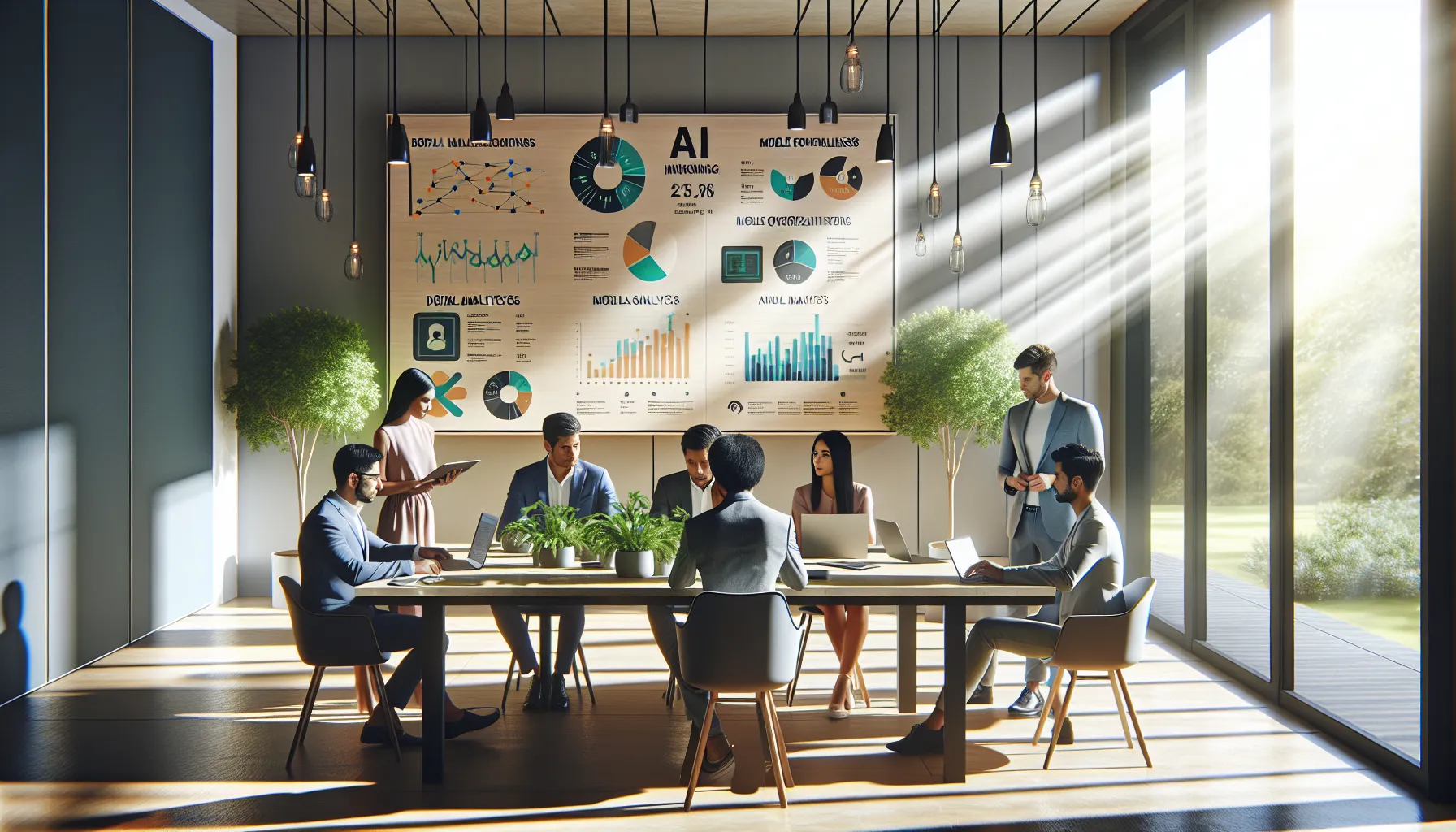 diverse professionals discussing digital marketing trends in a modern office.