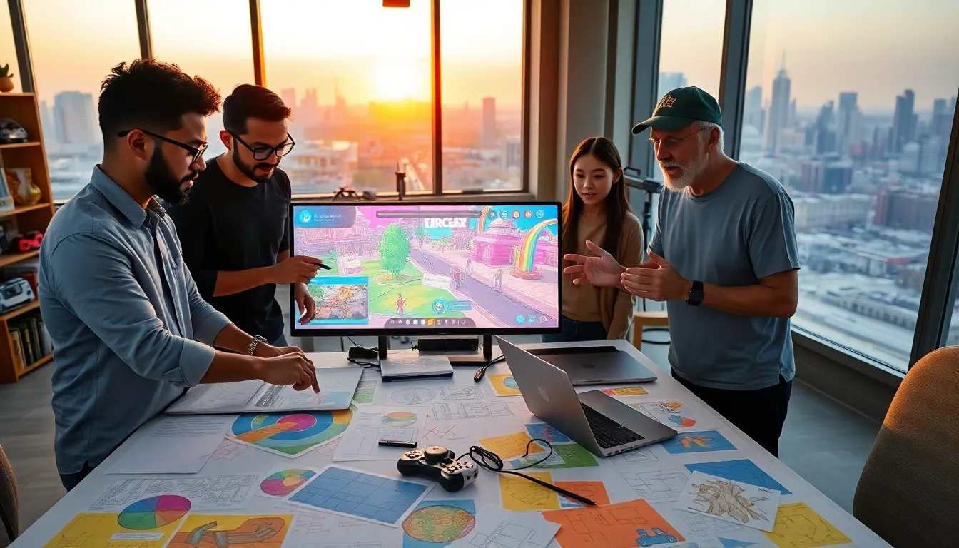 game developers collaborating in a vibrant studio filled with sketches.