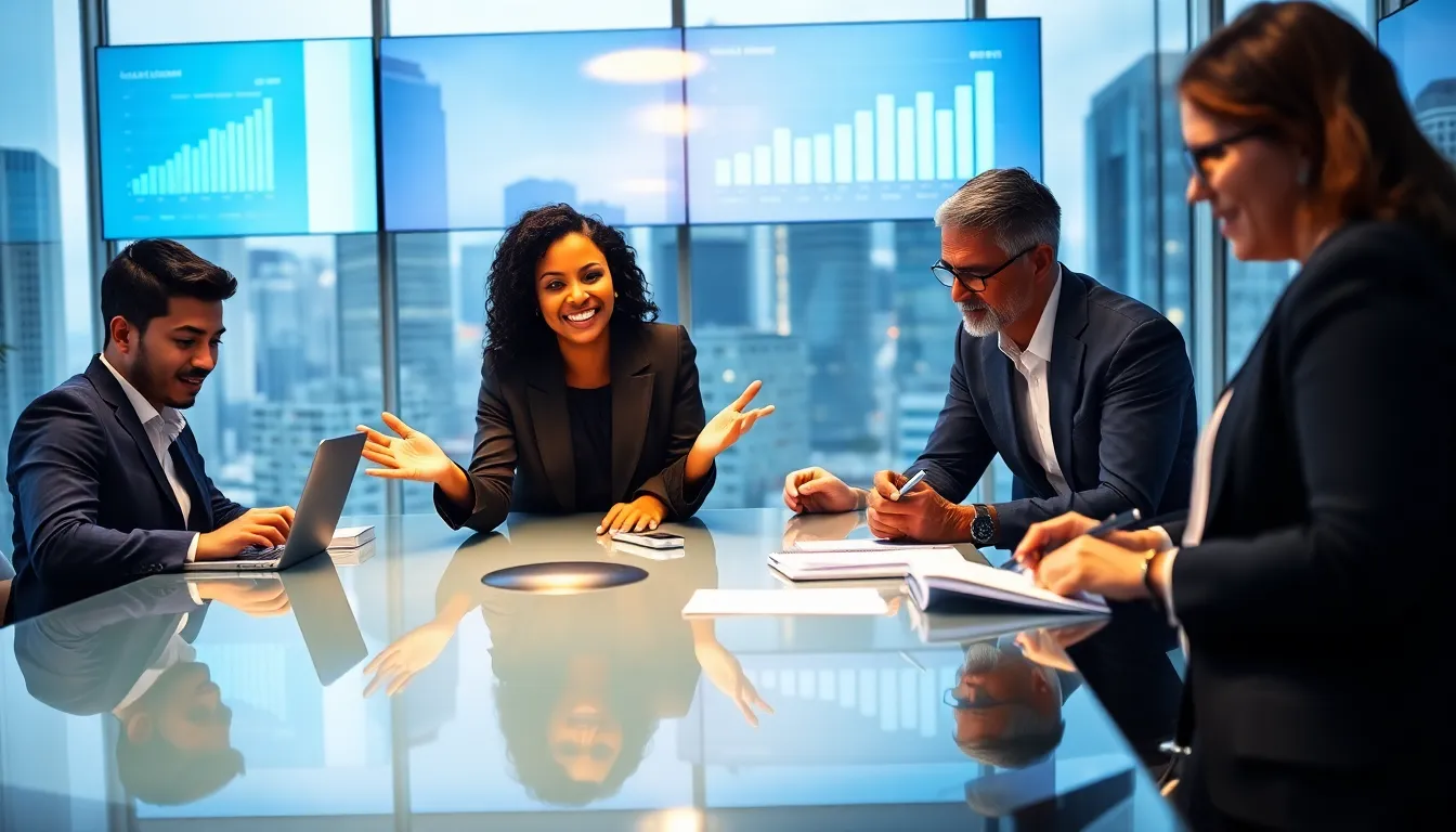 a diverse team of professionals collaborating in a modern office meeting.