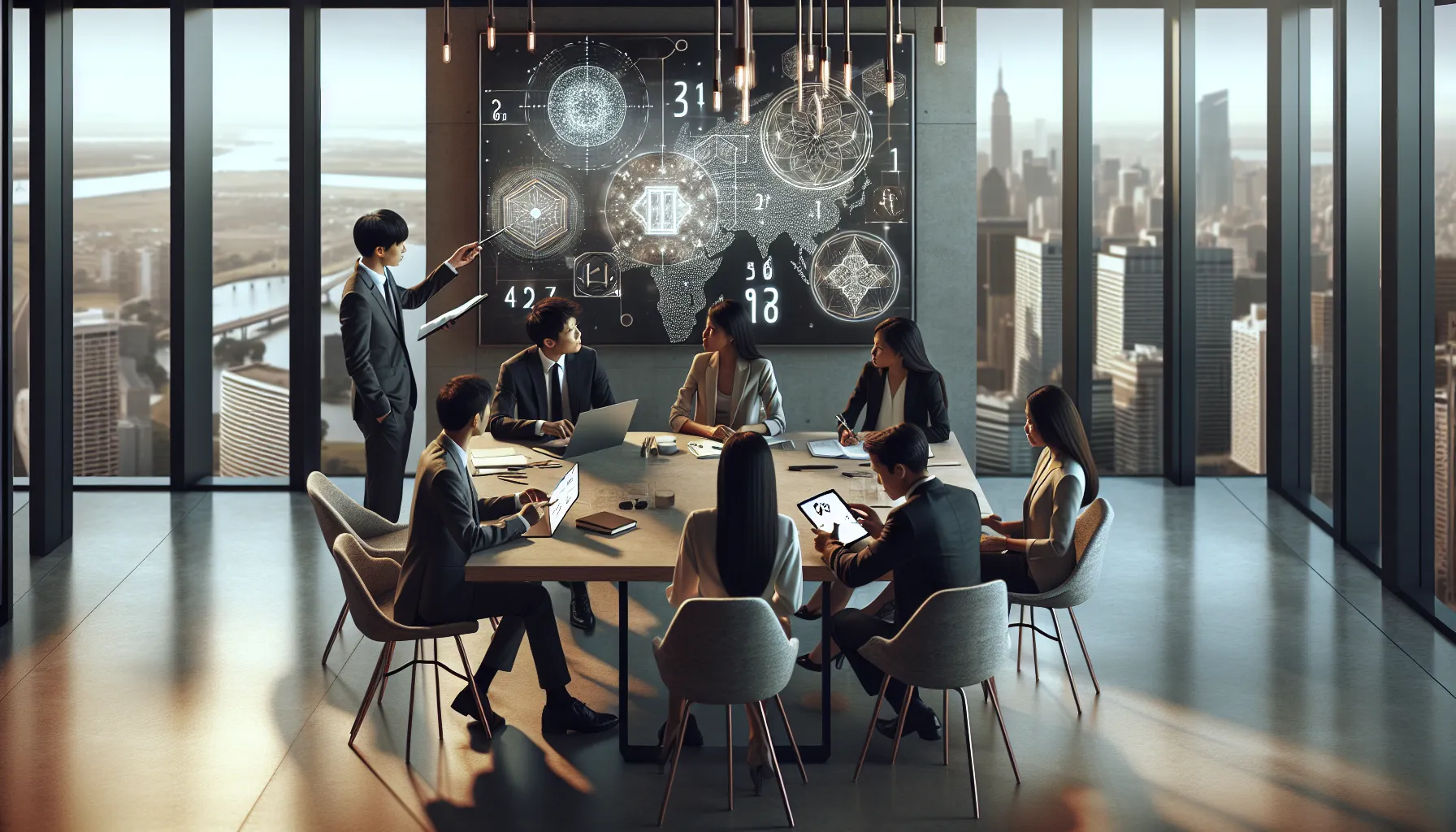 diverse professionals discussing the cultural significance of numbers in a modern office.