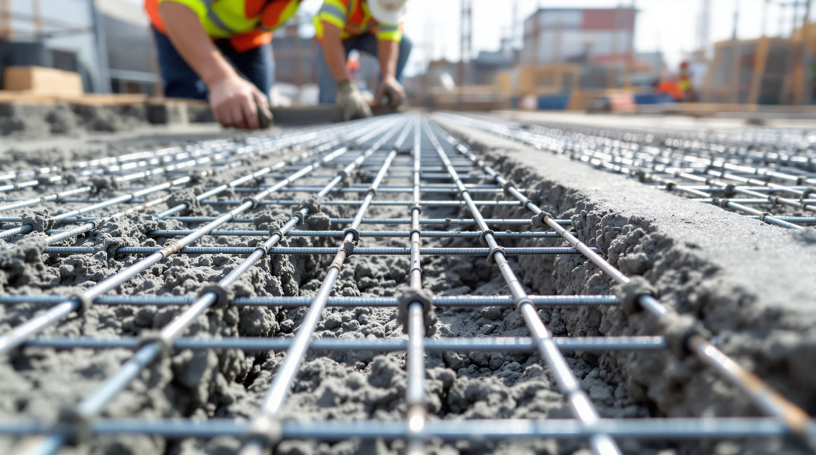 Steel reinforcement mesh being embedded in wet concrete at a UK construction site.