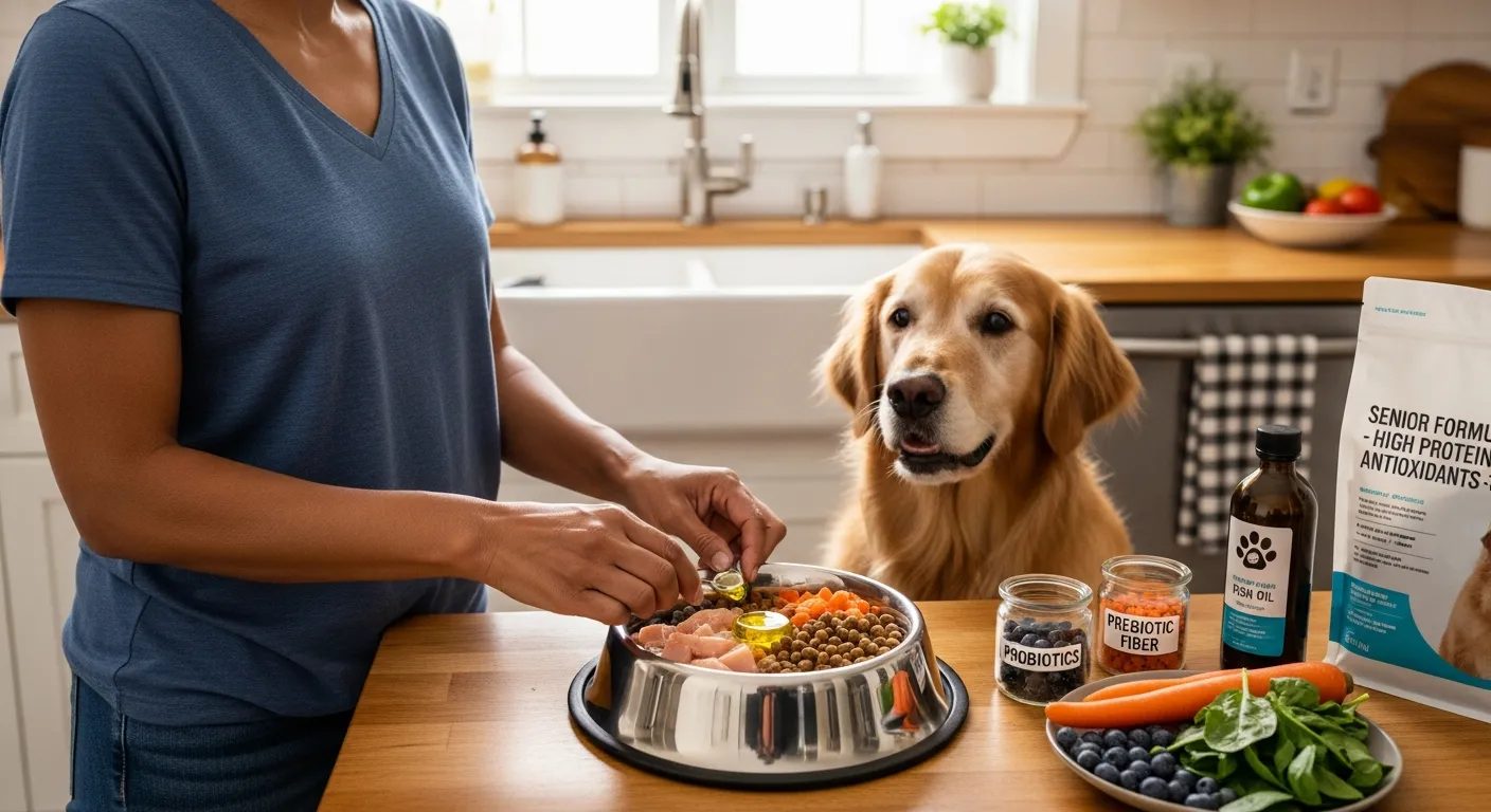 Senior golden retriever watching owner prepare a nutrient-rich senior dog meal.