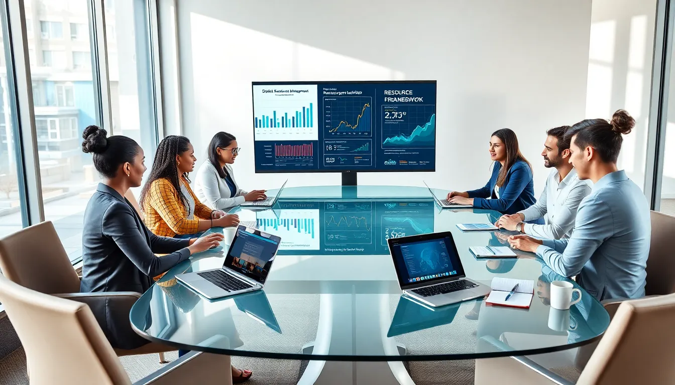 diverse team collaborating on digital resource management in a modern office.