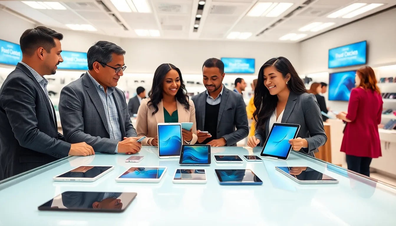 diverse professionals discussing used iPads in a modern retail space.