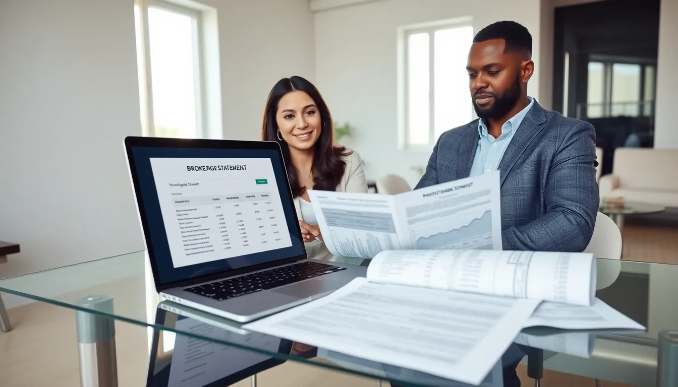 diverse professionals reviewing a brokerage statement in a modern office.
