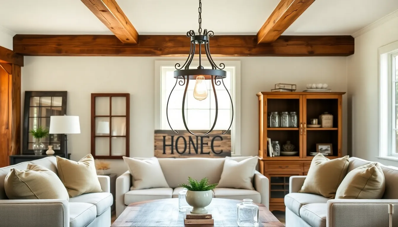 cozy living room with vintage farmhouse lighting fixture.