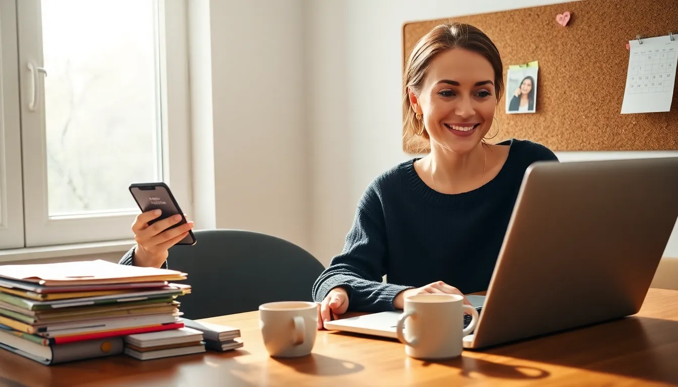 Person tapping a star on phone and laptop &ldquo;Favorites&rdquo; folder at sunlit desk.