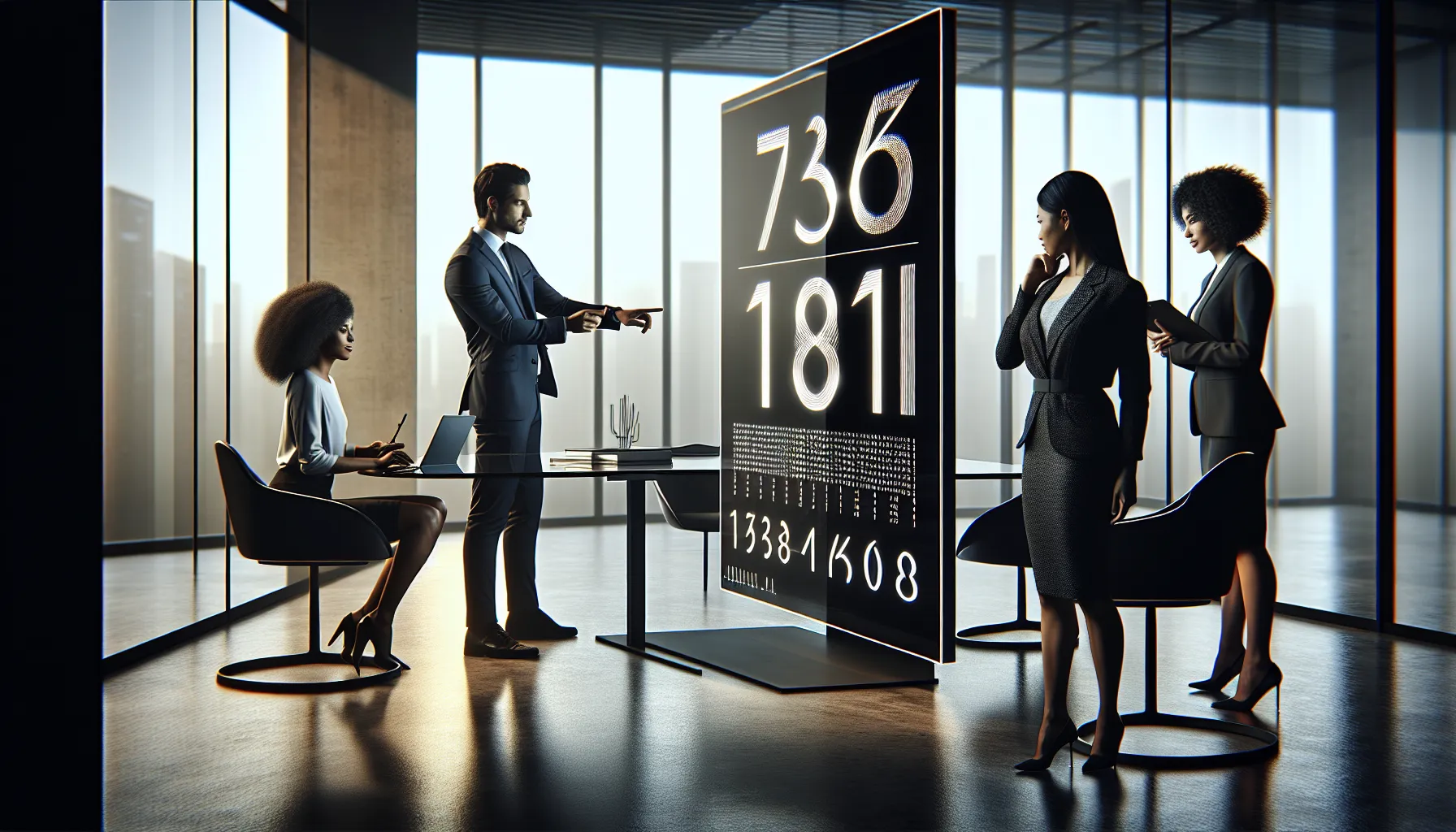 Diverse team discussing the significance of a number in a modern office.