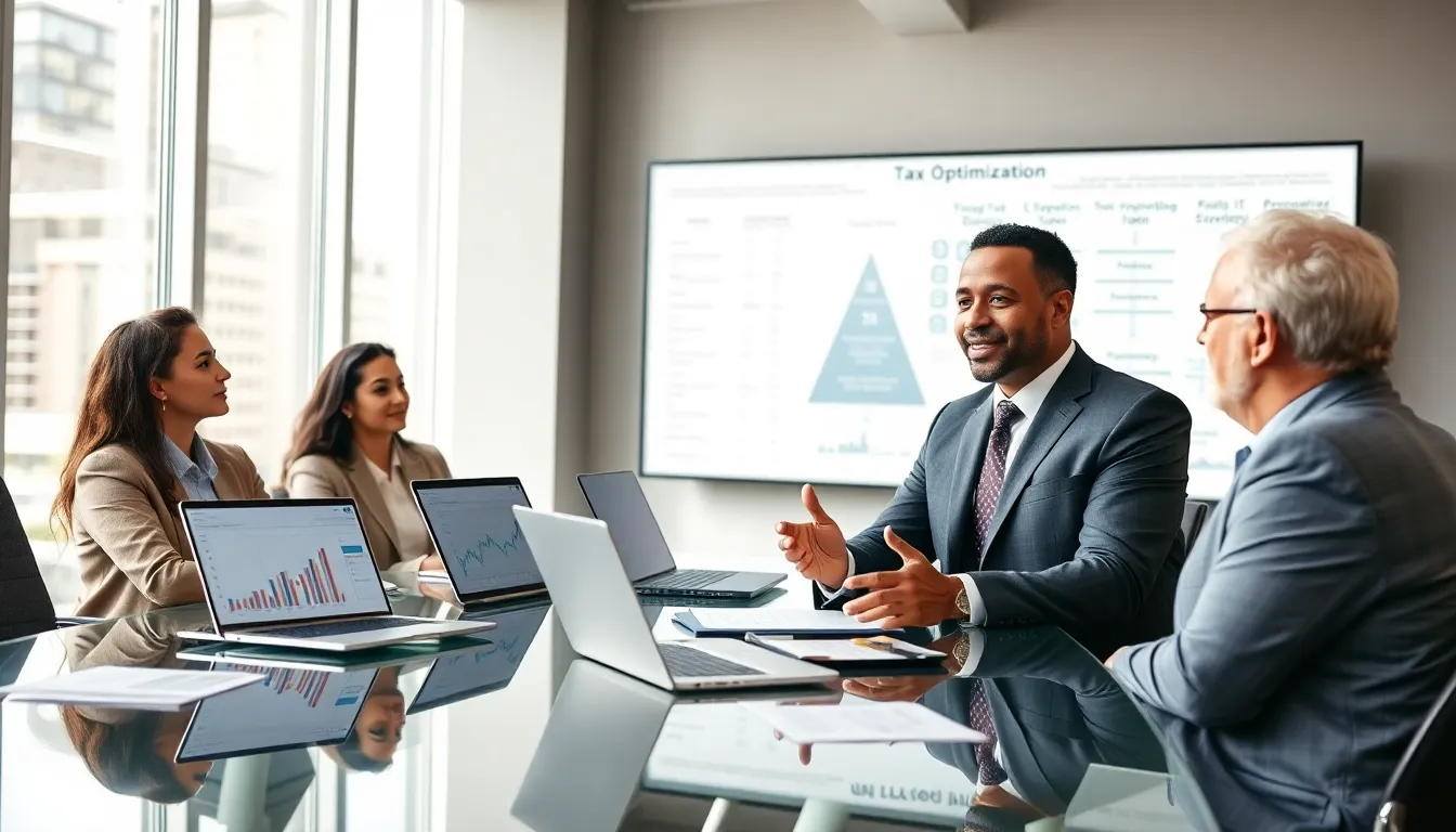 diverse team discussing tax optimization strategies in a modern office.