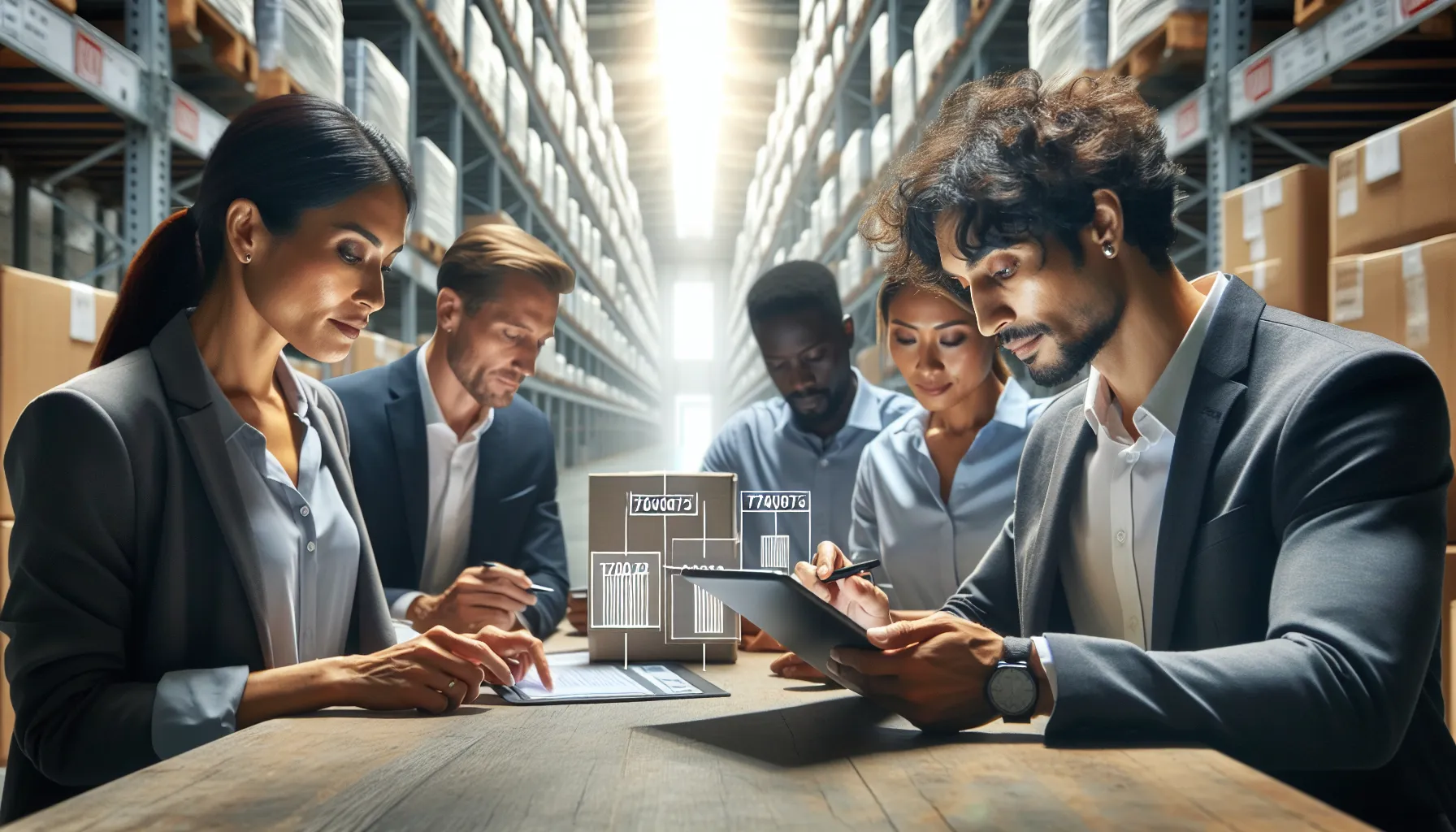diverse logistics team using a tablet to track shipments.
