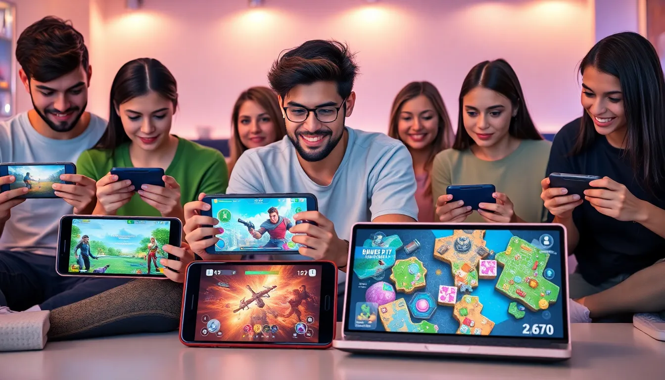 diverse gamers engaging with various devices in a modern lounge.