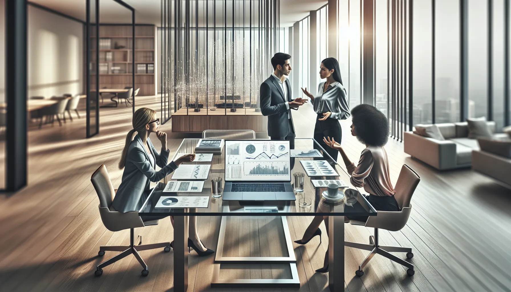 diverse team analyzing a number's significance in a modern office.