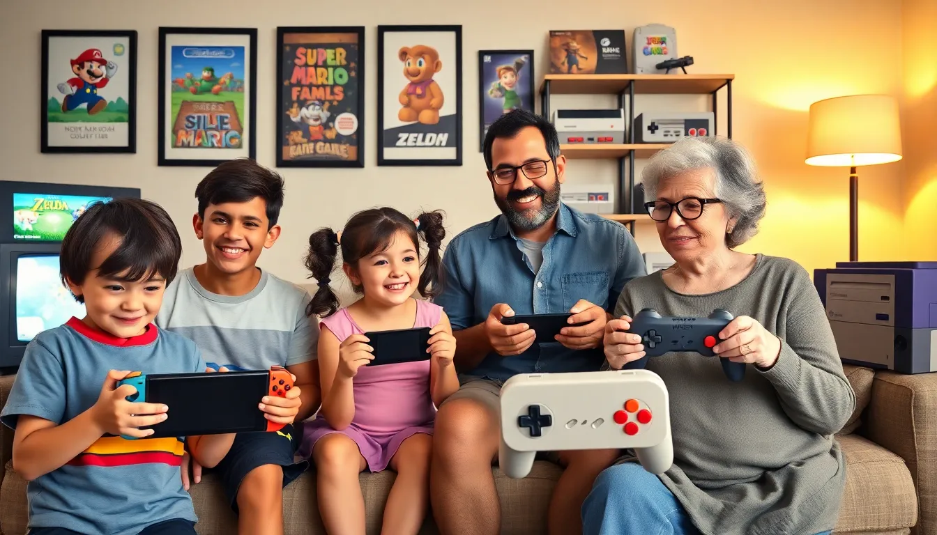 a group of diverse gamers enjoying various Nintendo consoles in a cozy living room.