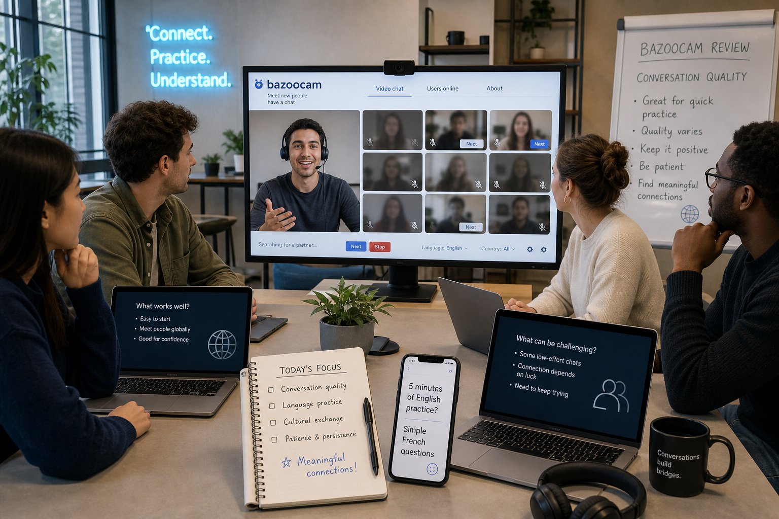 Professionals reviewing random video chat quality with language practice prompts on screen.