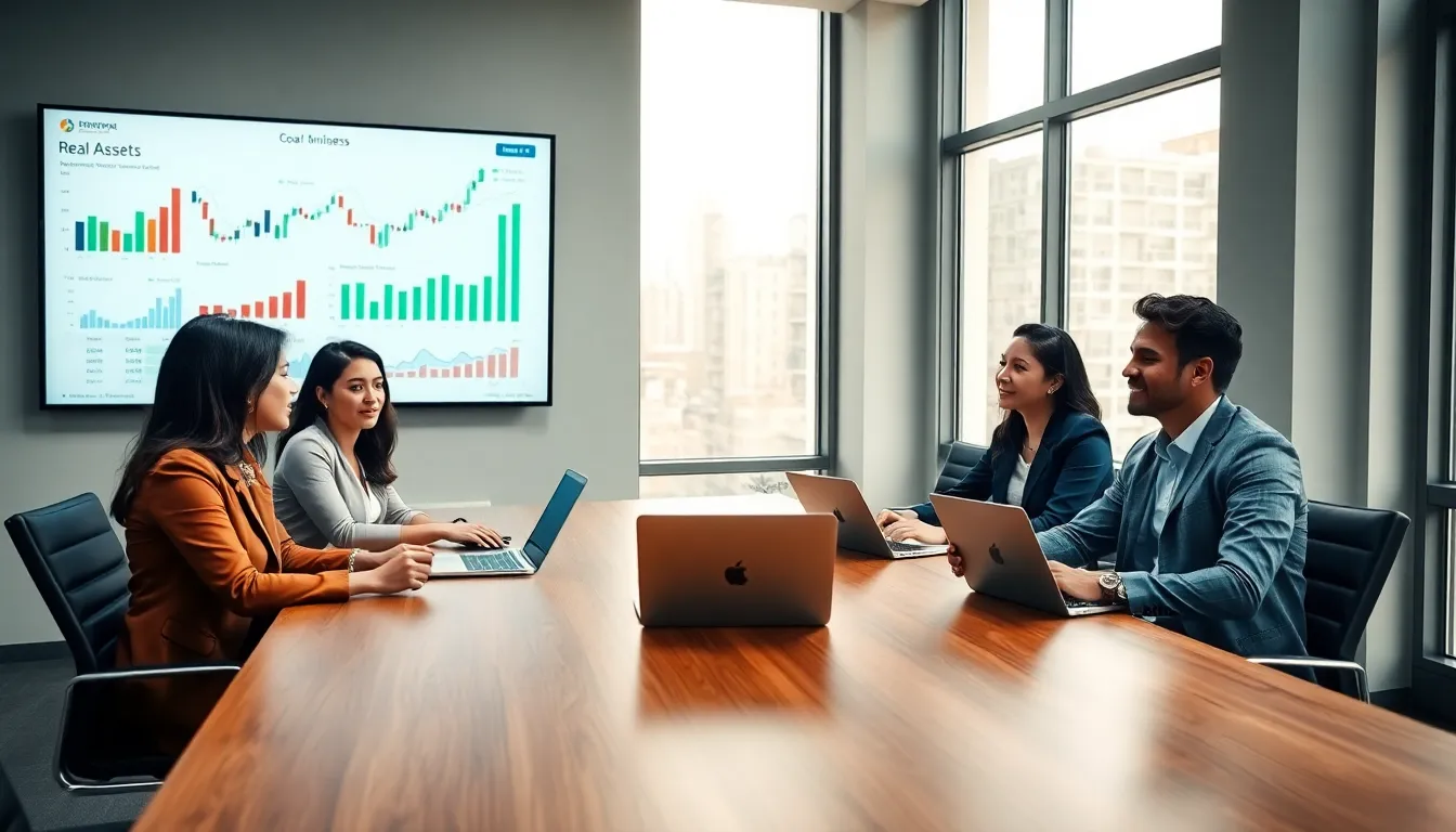 group discussing investing in real assets in a modern office.