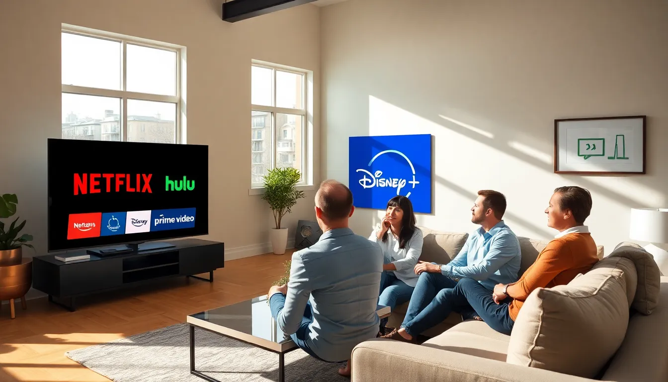 diverse group discussing streaming services in a modern living room.