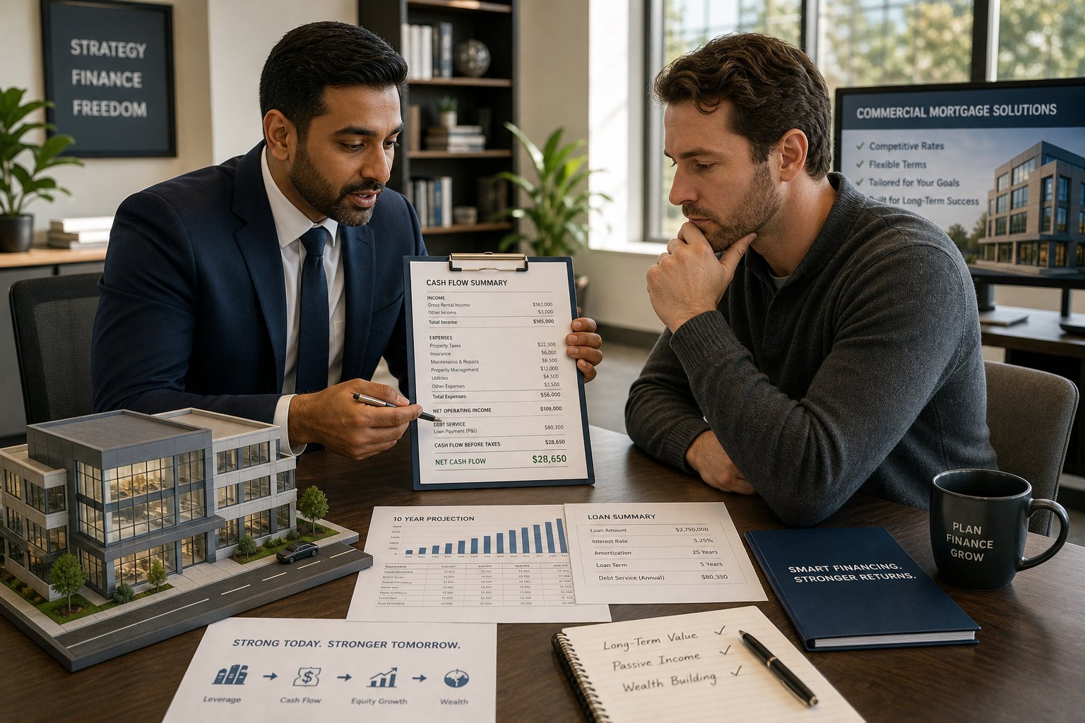 Adviser and client reviewing cash flow and property finance structure in a modern office.