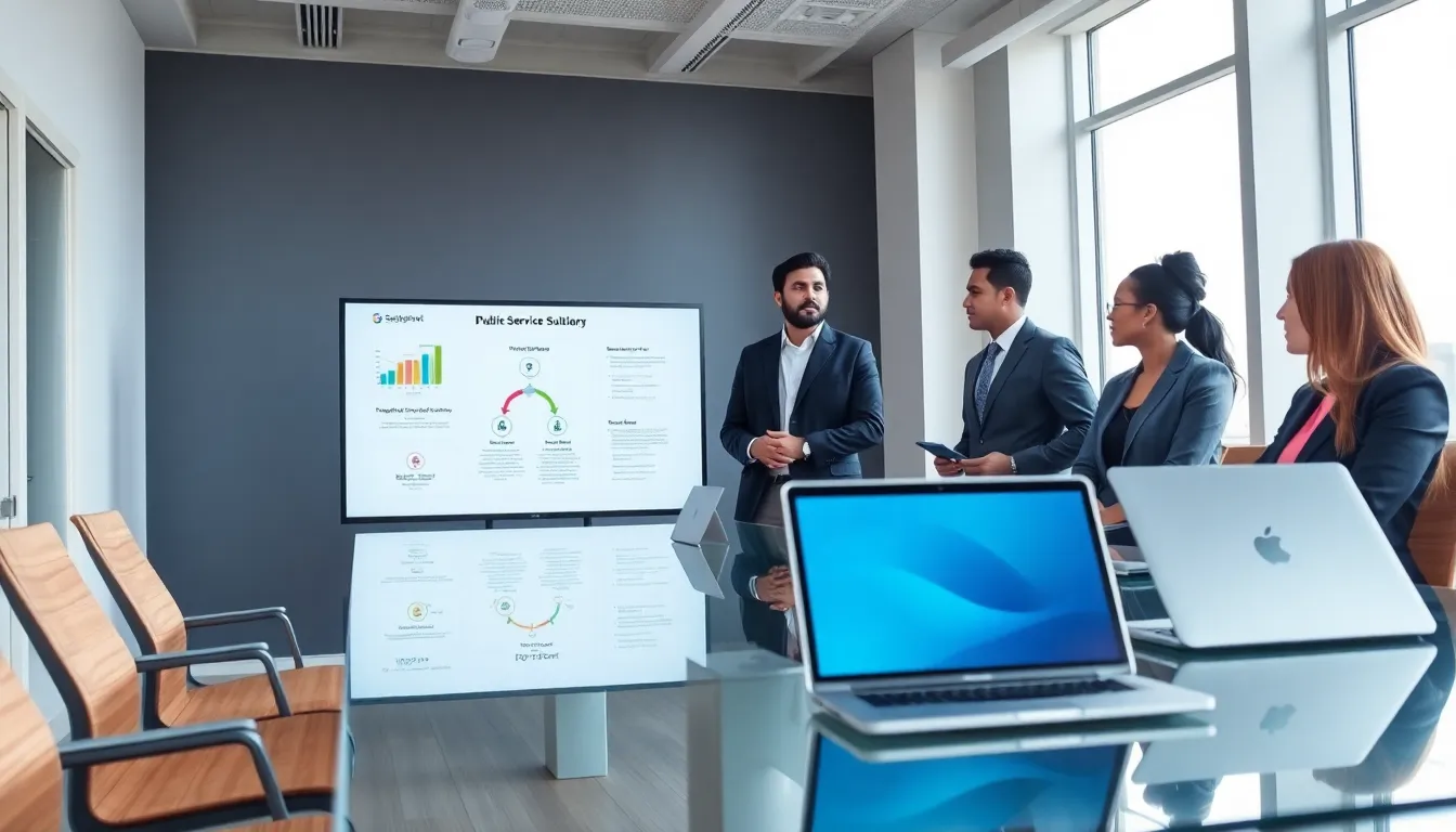 diverse team discussing government technology solutions in a modern office.