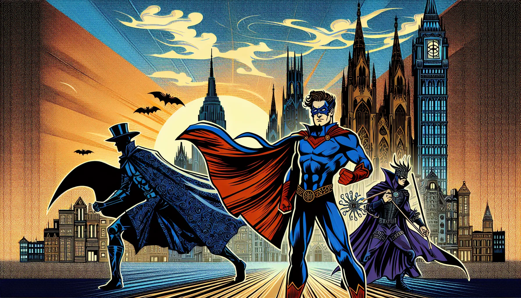 Superman, Batman, and Wonder Woman against a vintage cityscape at sunset.