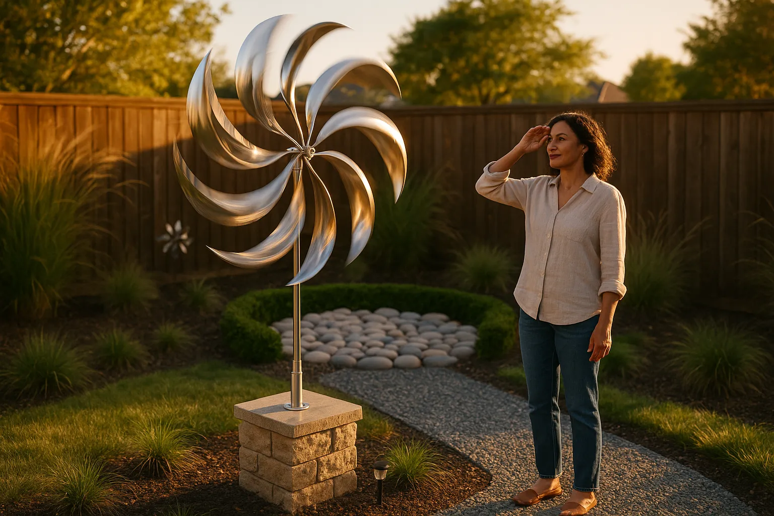 A stainless-steel wind sculpture above a pebble seating area and crushed gravel path.