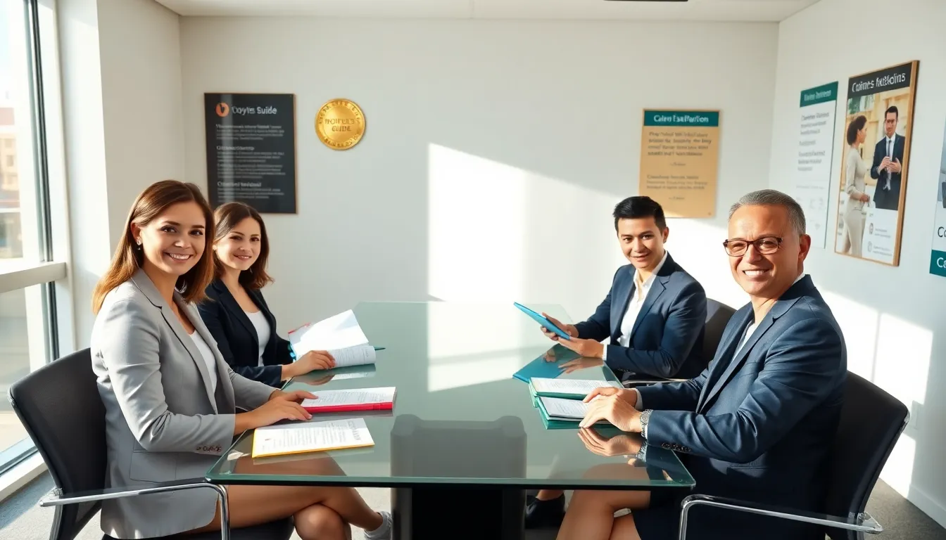 Professional lawyers meeting in a modern office.
