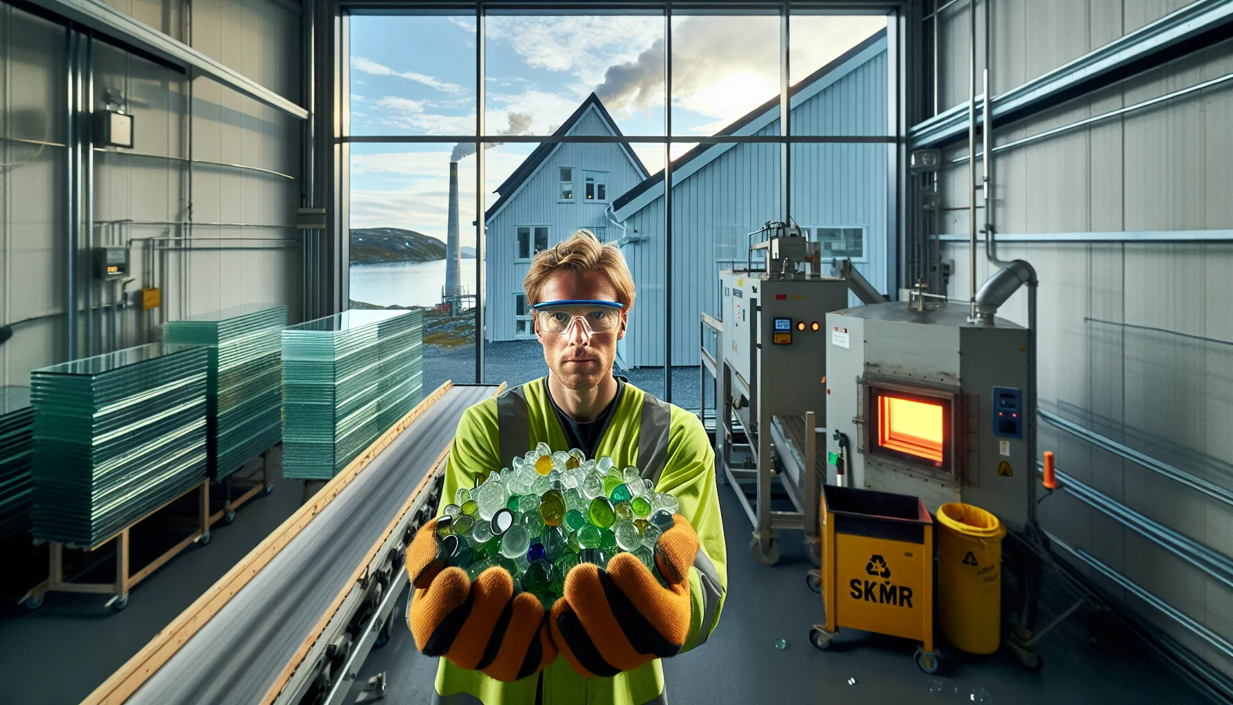 Gloved hands hold recycled glass cullet in a norwegian sustainable glass factory.