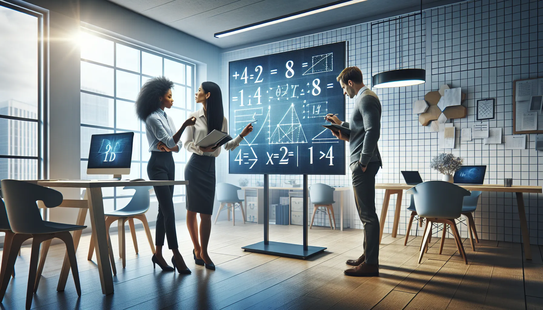 diverse team solving a mathematical problem in a modern office.
