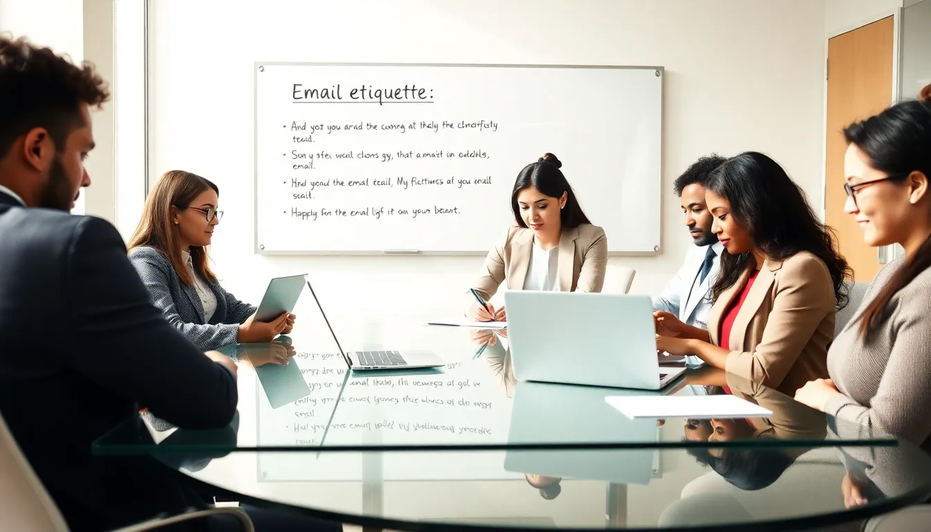 professionals collaborating in a modern office on email etiquette.