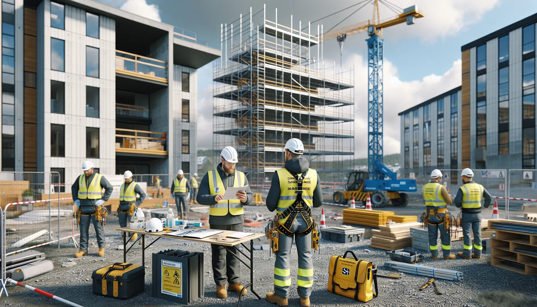 Instructor trains worker in fall protection at norwegian construction site with legal documents.