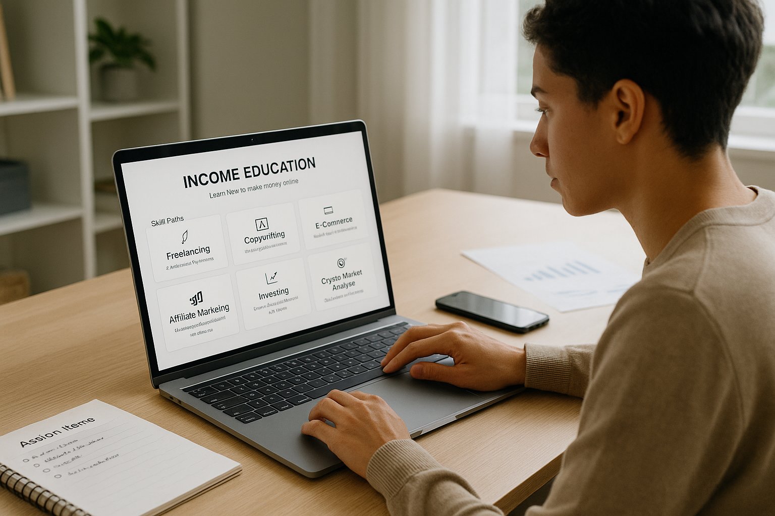 Person reviewing online income training platform in a modern home office.