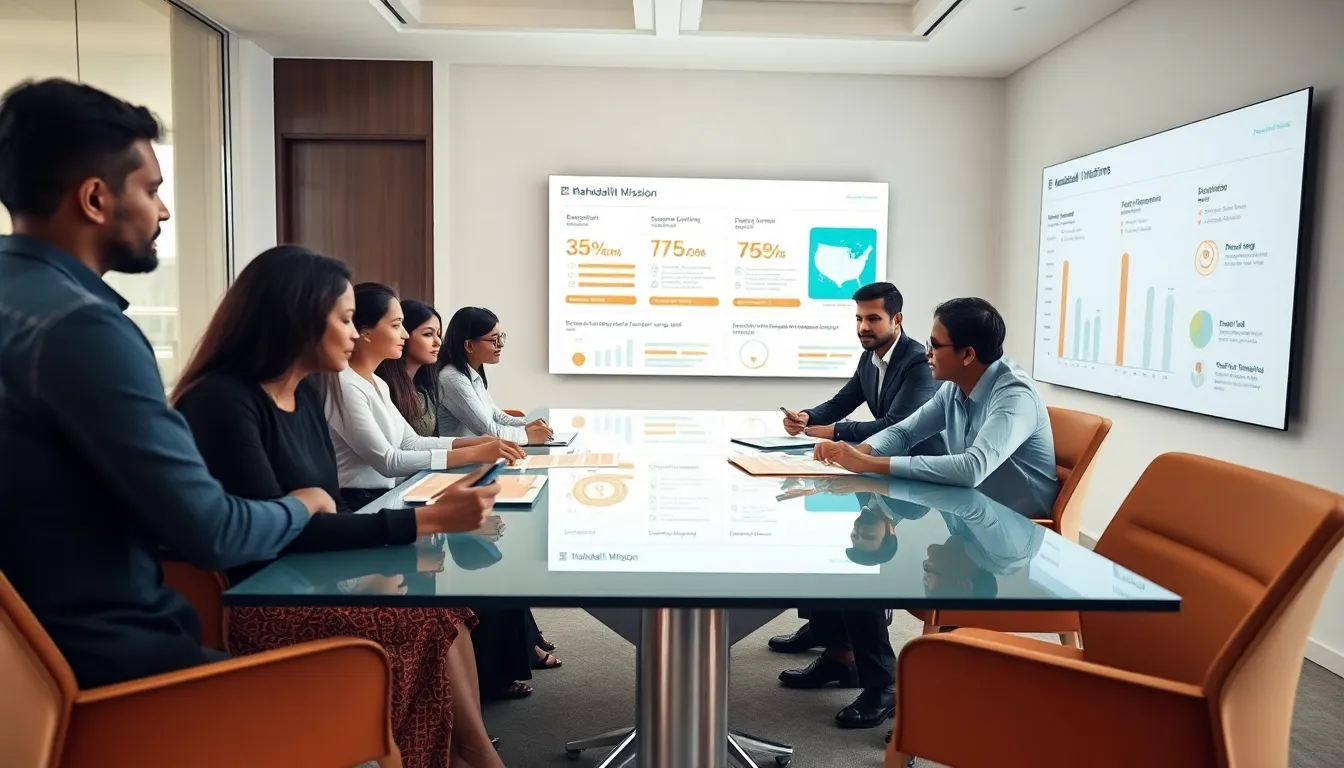 Discover VR2.0: Transforming Mahadalit Mission for the Future 8 diverse team discussing socio-economic initiatives in a modern office.