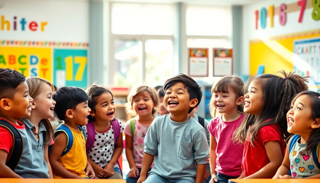 children laughing in a classroom while one tells a joke.