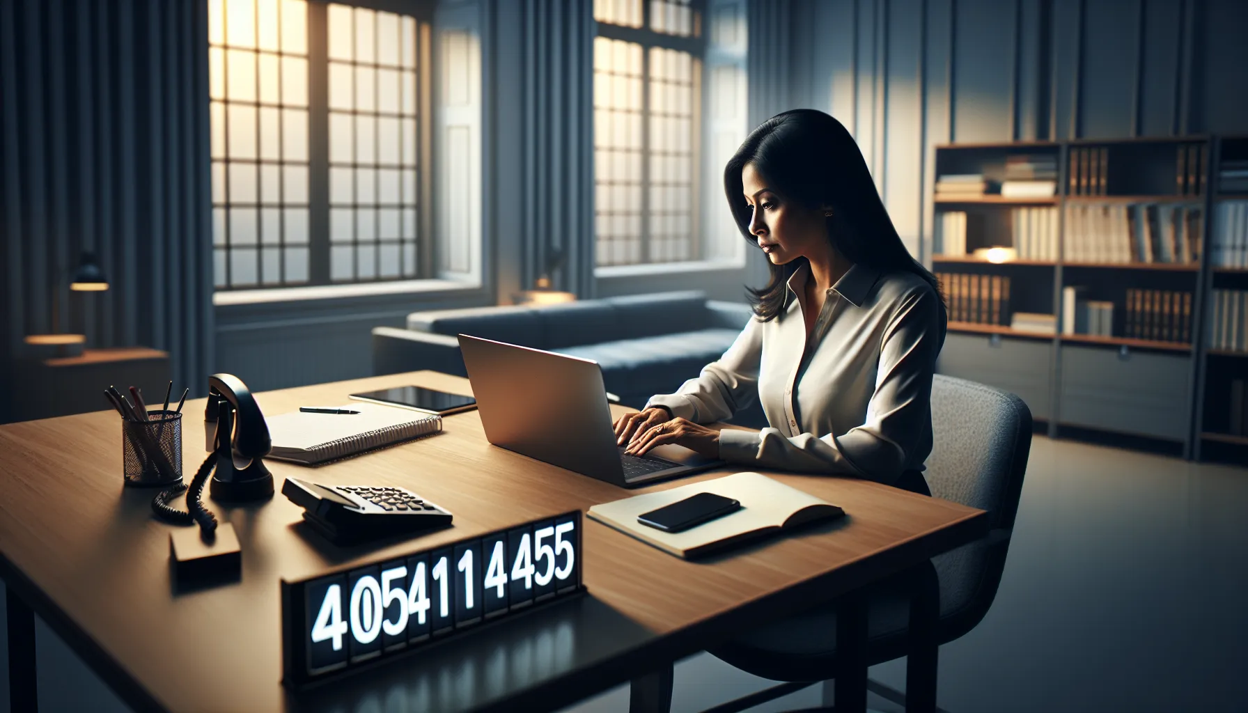 professional researching a phone number in a modern office.