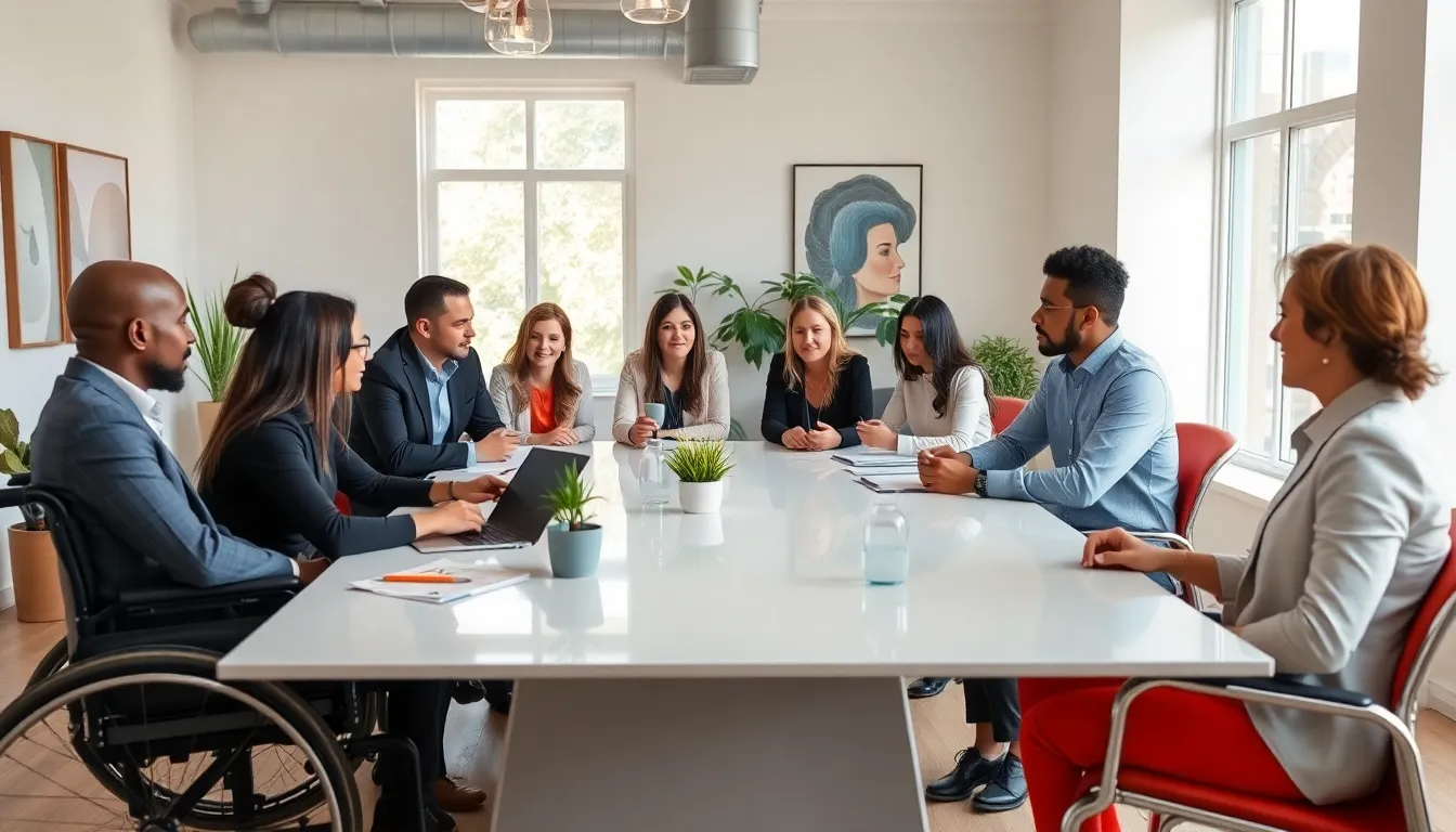 diverse team discussing disability equality in a modern office.