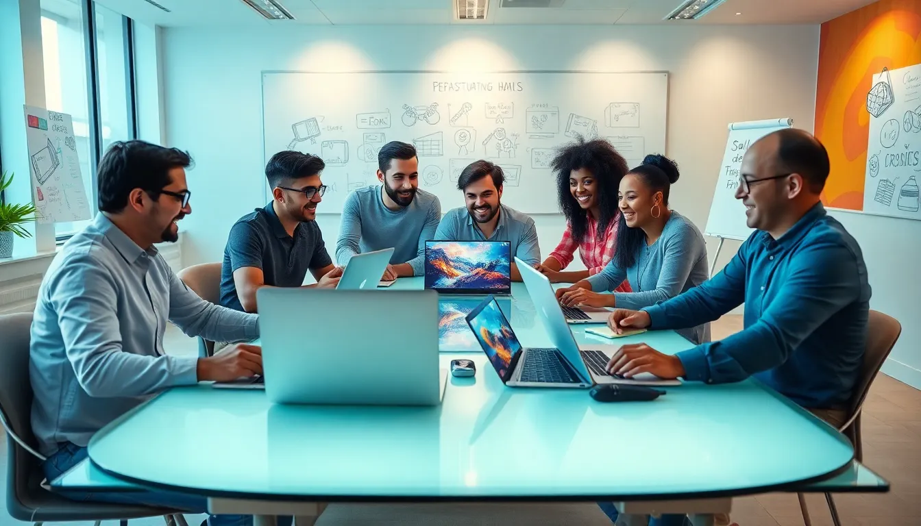 diverse team of game developers collaborating in a modern office.