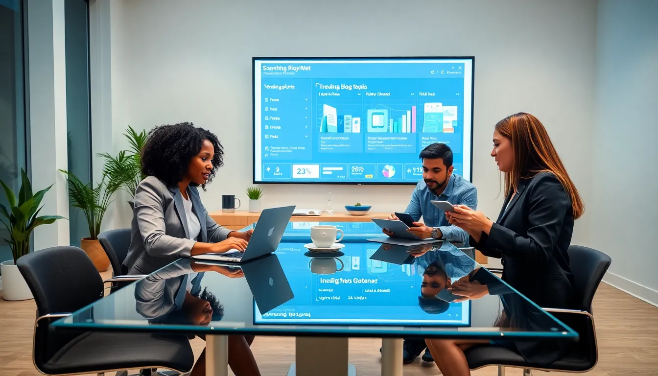 diverse professionals collaborating in a modern workspace on blog topics.