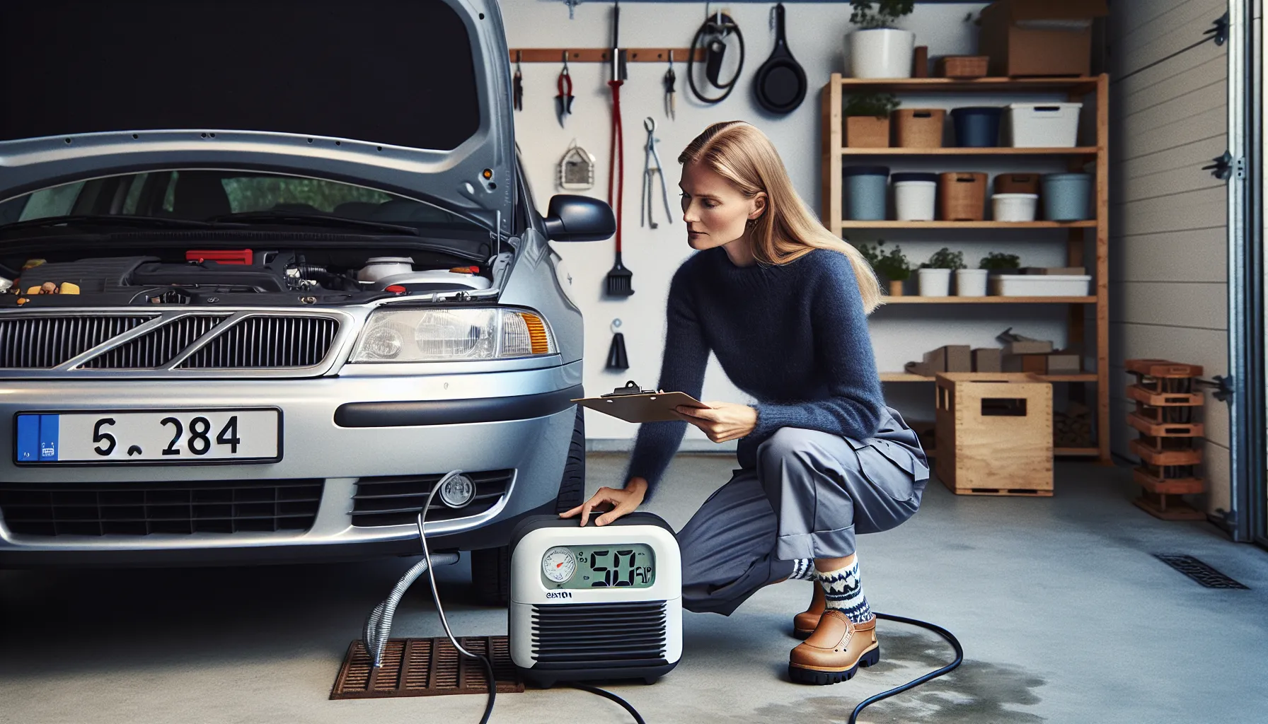 Norwegian garage with car, dehumidifier, hygrometer, and careful long-term storage setup.