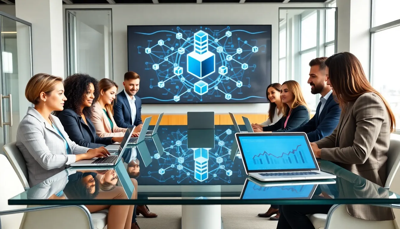 diverse team discussing blockchain technology in a modern office.