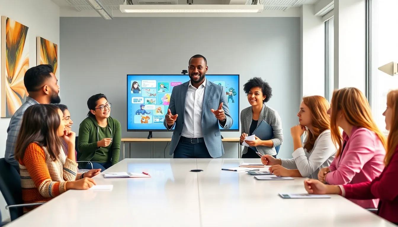 diverse team collaborating in a modern office on game design projects.