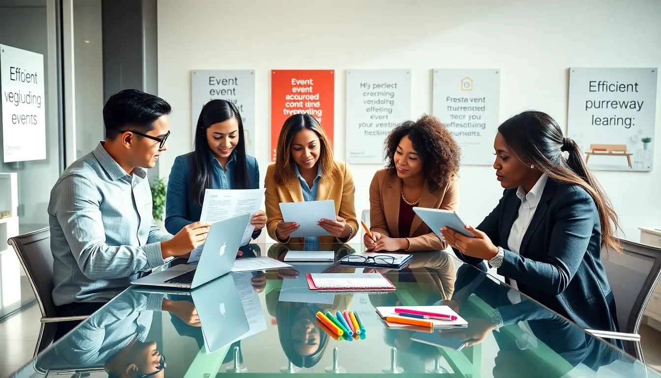diverse team collaborating on event planning in a modern office.