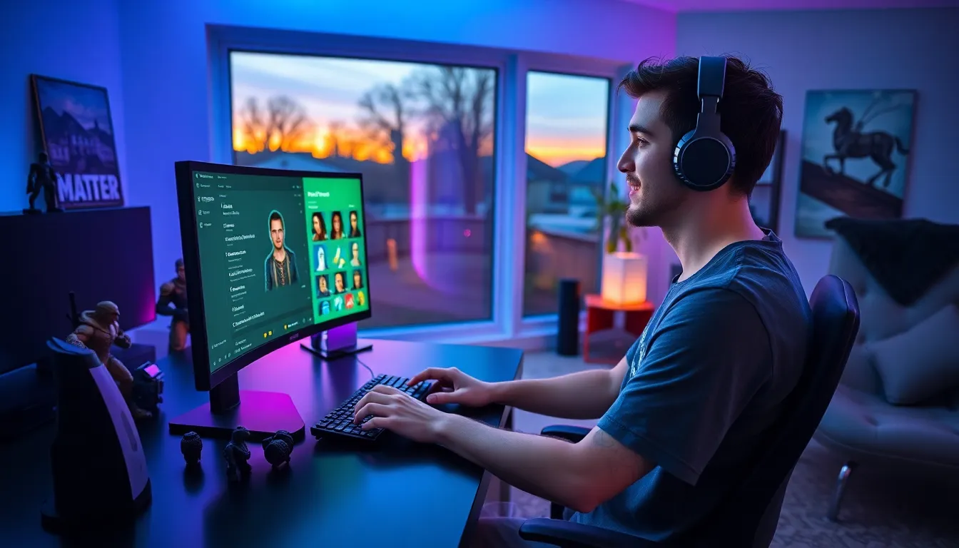 A gamer customizing characters using Ck2Generator in a stylish gaming room.