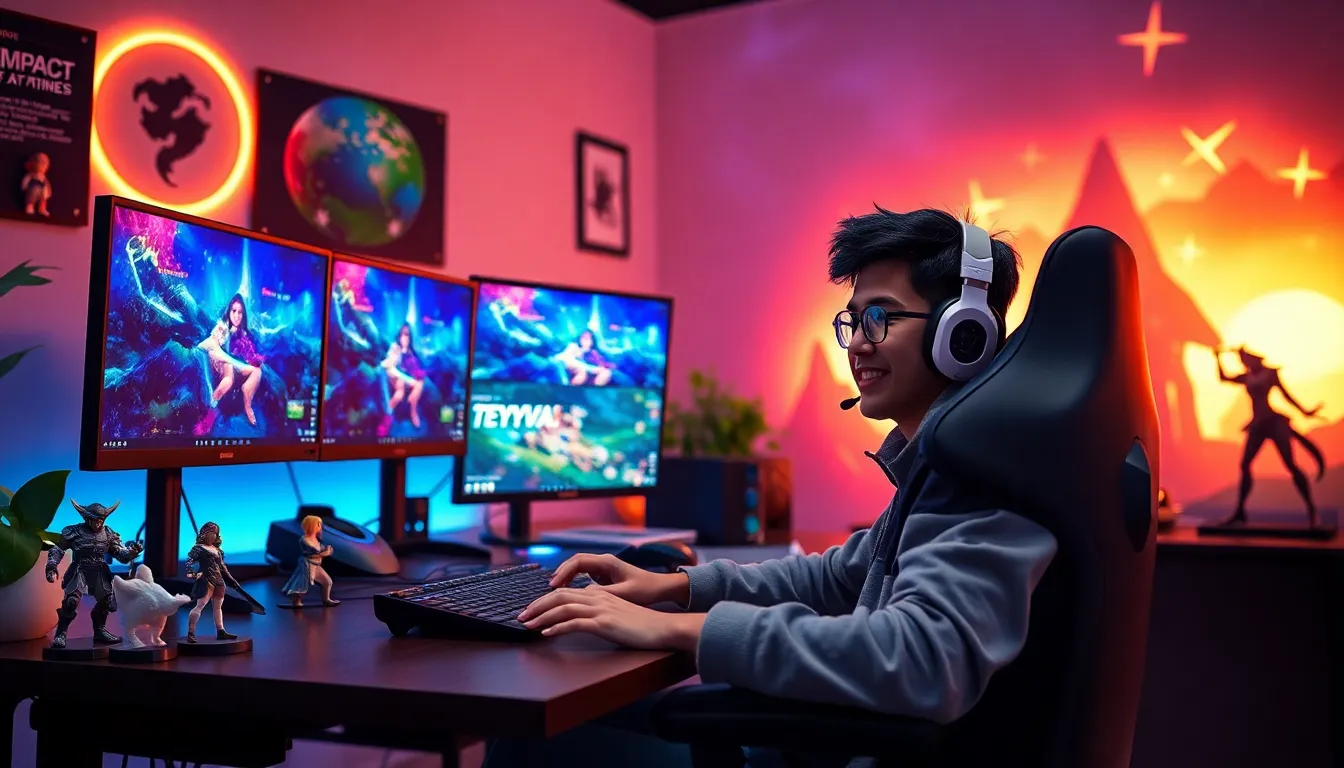 gamer in a modern studio playing Genshin Impact with Aether visuals.